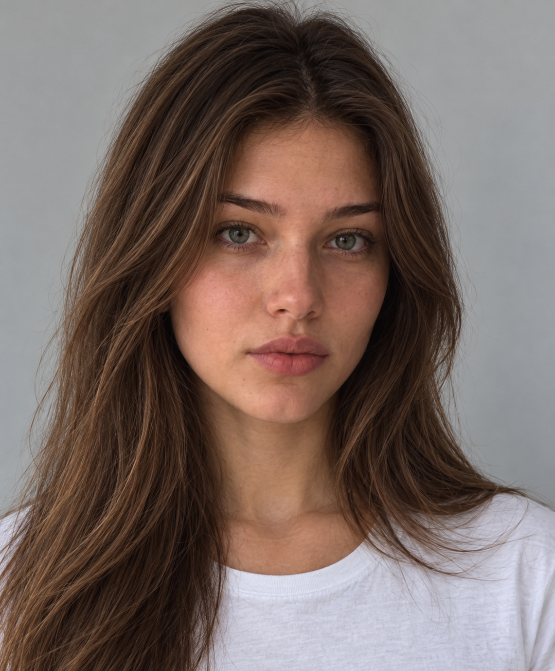 Laura, with long chestnut hair and green-grey eyes, in a natural-light portrait